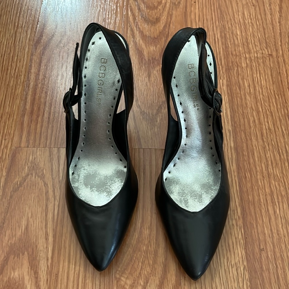 BCBG Sling Back black leather, size 6, 4 1/2 inch heels.